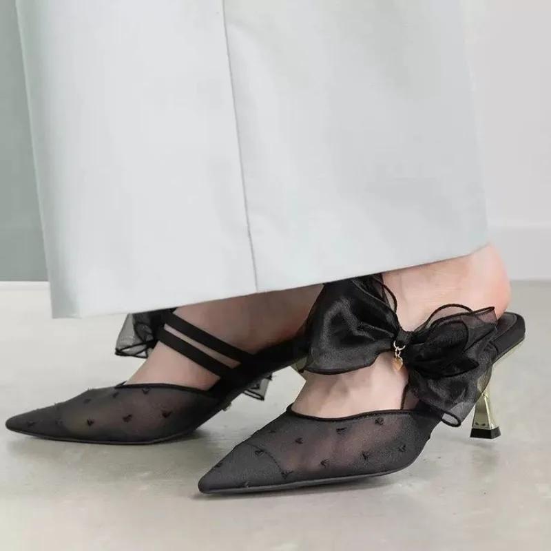 Fashion Fashion Sandals for Women 2025 Spring and Summer New Sweet Bow Flash Diamond Cool Drag Outside Wear Stiletto Baotou High Heel