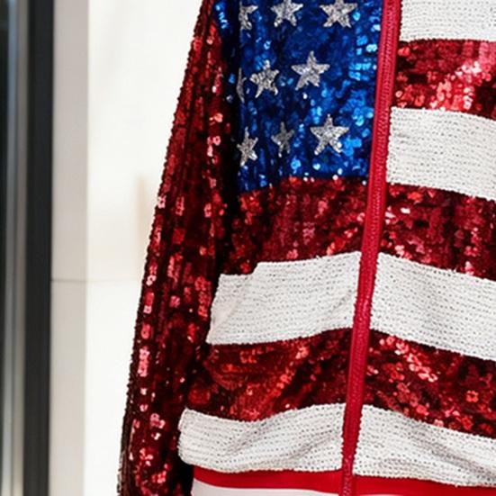 Womens Sequin Jacket U.S. Flag Red Blue White Glitter Zip Up Coat Casual Long Sleeve Color Block Sweatshirt Top