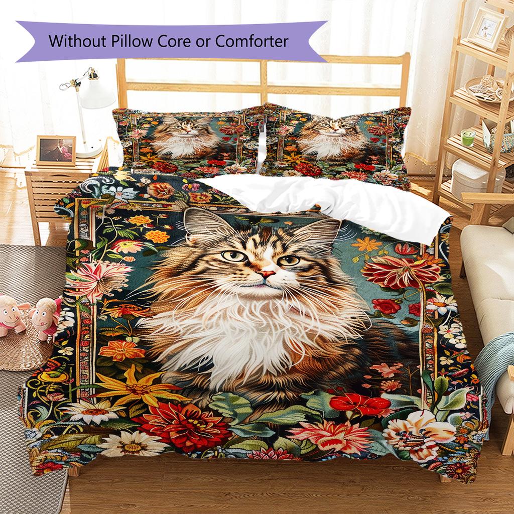 Boho Floral Cat Pattern Bedding Quilt Set Quilt Cover Pillowcase Home Decoration Birthday Gift (1 * duvet cover + 2 * pillowcase, without core)