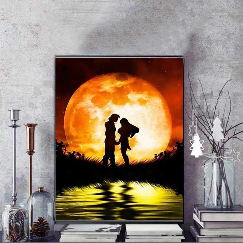 Disney Diamond Painting Couple Silhouette Under The Full Moon Romantic Theme Illustration Mosaic Handmade Hobby DIY Gift Home Decoration Embroidery