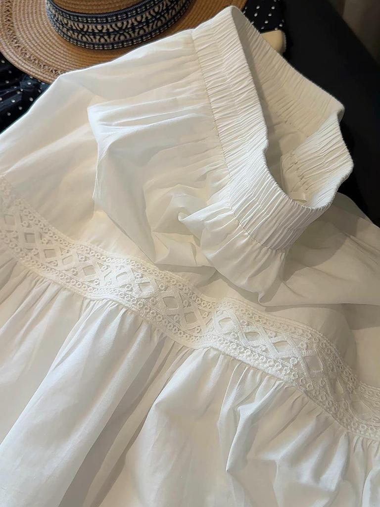 French White Embroidered Lace Mid-Length Umbrella Skirt for Women