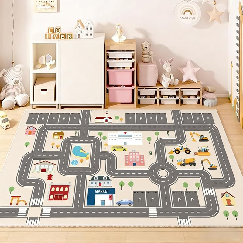 AIMECO Road Play Mat for Kids: A Play Mat Featuring Cars and Traffic Rules, Stain-resistant, with a Non-slip Backing. Thin, 120 X 160 Cm (approx. 1.2