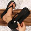 Fashion Women's Flower Decor Med Heel Flip Flops Simple Style Black Wedge Clip Toe Slides Woman Summer Outdoor Med Heel Slippers Mujer