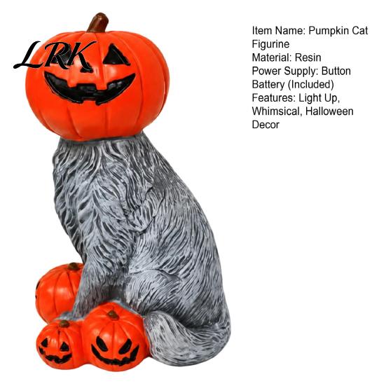 Whimsical Cat Halloween Statue Lighted Pumpkin Figurine, Spooky Tabletop Resin Sculpture, Cute Decor Autumn Fall Ornament for Indoor Mantel Shelf Warm