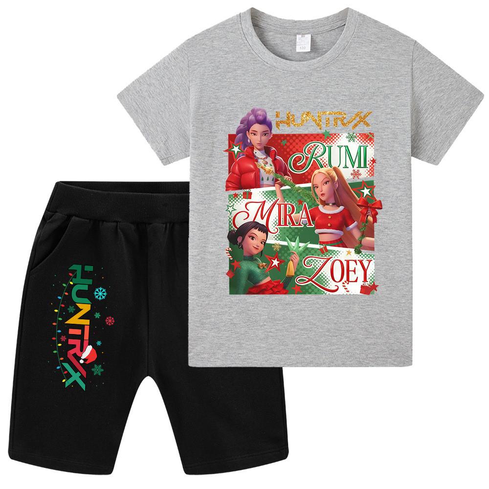 WA1264 Kids Boys Girls Kpop Rumi Zoey Mira Christmas Print Short Sleeves T-shirt Shorts Pants Sets