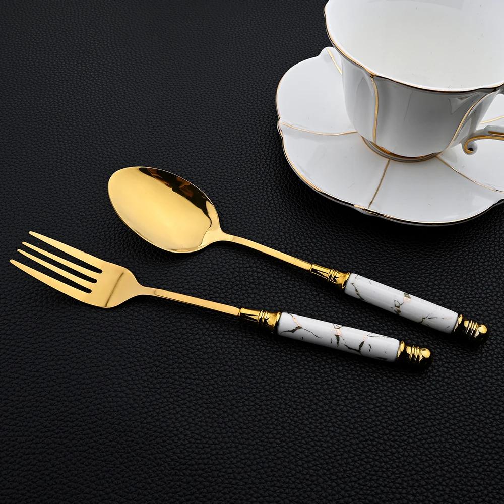 30Pcs Tableware Set Mirror Ceramic HandleGold Flatware Fork Spoon Knife Set Stainless Steel Dinnerware Cutlery Set Dinner Set