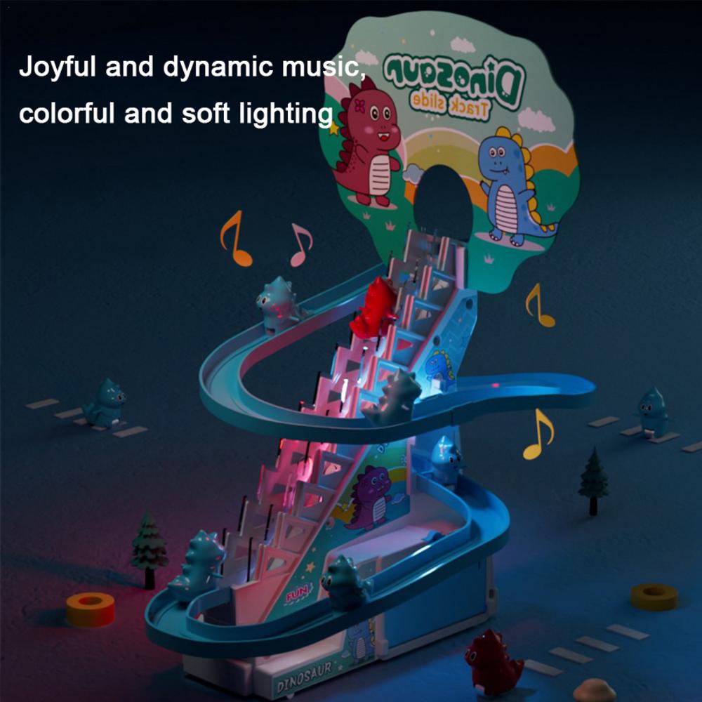 Electric Stair Climbing Toy, Dinosaur Track Sliding Toy Dino Slide Toy Dinosaur Escalator Toy Dino Musical Toy Gliding Track Toy with Music & Lights