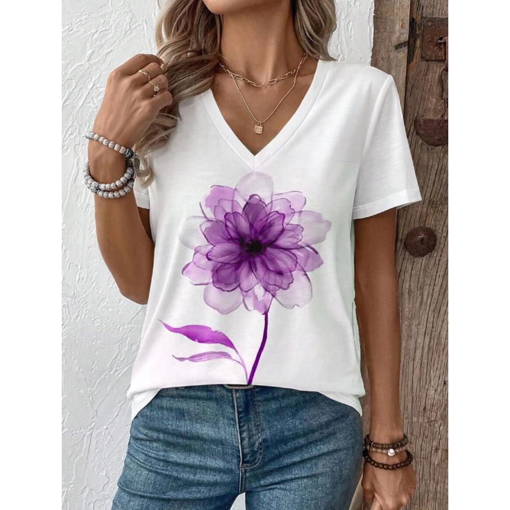 Damski T-shirt Letni Kwiatowy Wzór Krótki Rękaw Koszulki Codzienne Drukowane Top