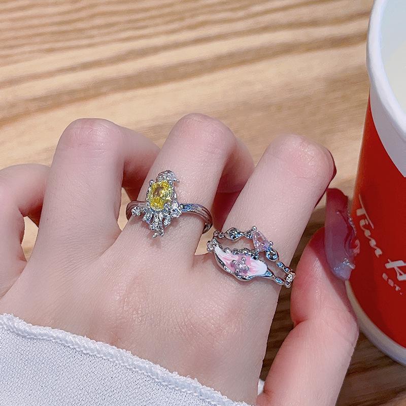 Pink Flower Dripping Oil Ring Niche Design Personalized Bird Light Luxury High-End Temperament Open Hand Jewelry