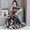 [Full Size] Summer New Round Neck Medium and Long Printed Ice Silk Dress Middle-aged Large Size Large Pendulum Length