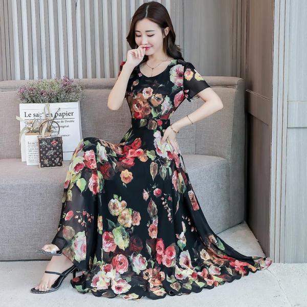 Summer Korean Version Medium and Long Printed Ice Silk Dress Middle-aged Large-size Large-swing Dress