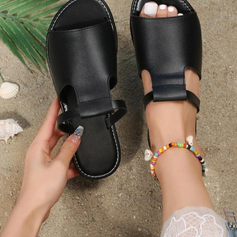 Foreign trade large size women's flat bottom cool slippers spring and summer new hollow design solid color fish mouth women's shoes