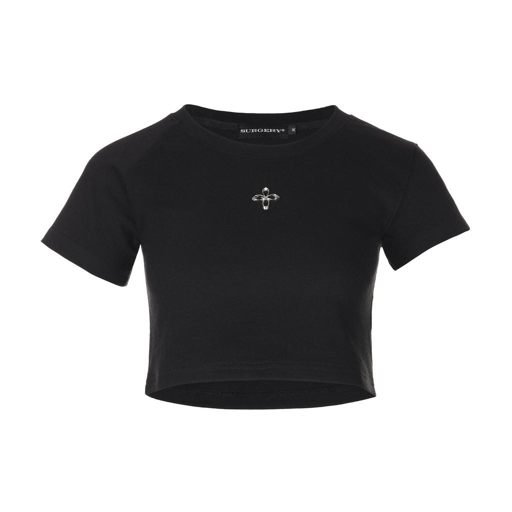 SURGERY Asymmetrical Metal Clover Logo Crop T-Shirt Black