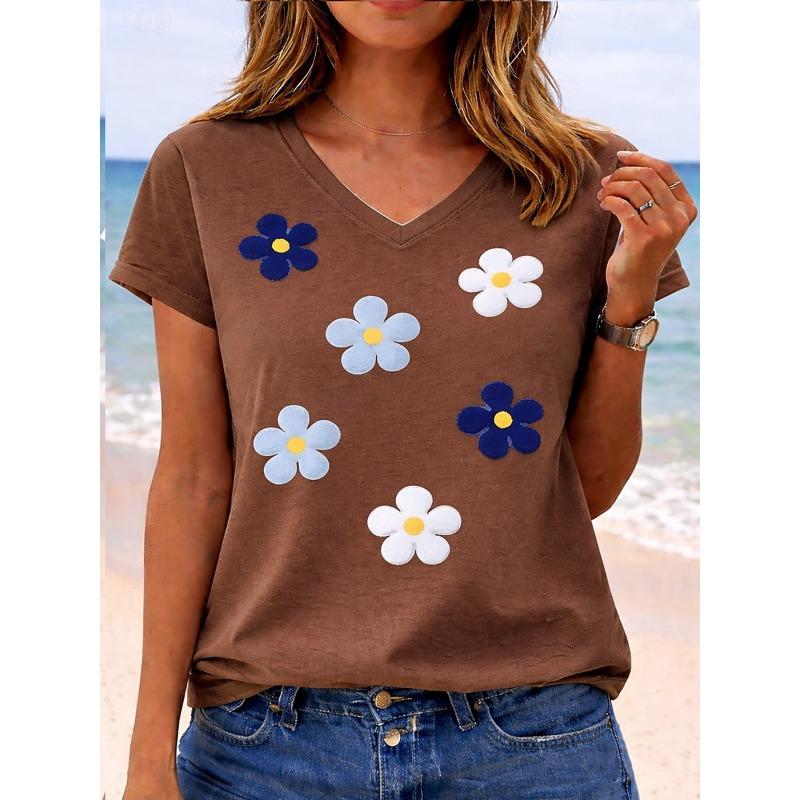 Women's Plants Letter Graphic V Neck T Shirt, Short Sleeve Regular Casual Tops, Daily Multi-color Wear for Spring & Summer