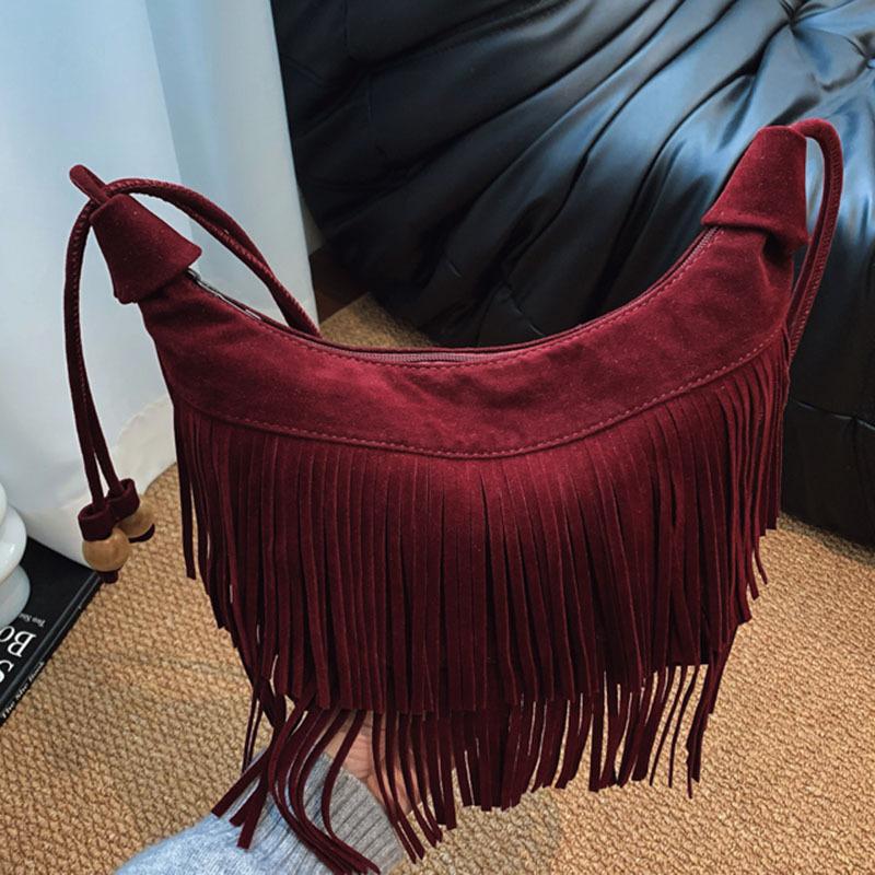 New fashion fringed bag retro women's bucket bag texture commuting shoulder women's bag armpit bag