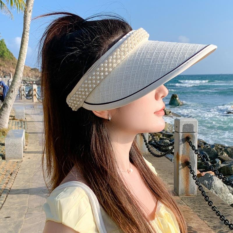 Hat Women's Summer UV Protection Empty Top Hat Versatile Premium Face Small Sun Hat Travel Pearl Sunscreen Hat
