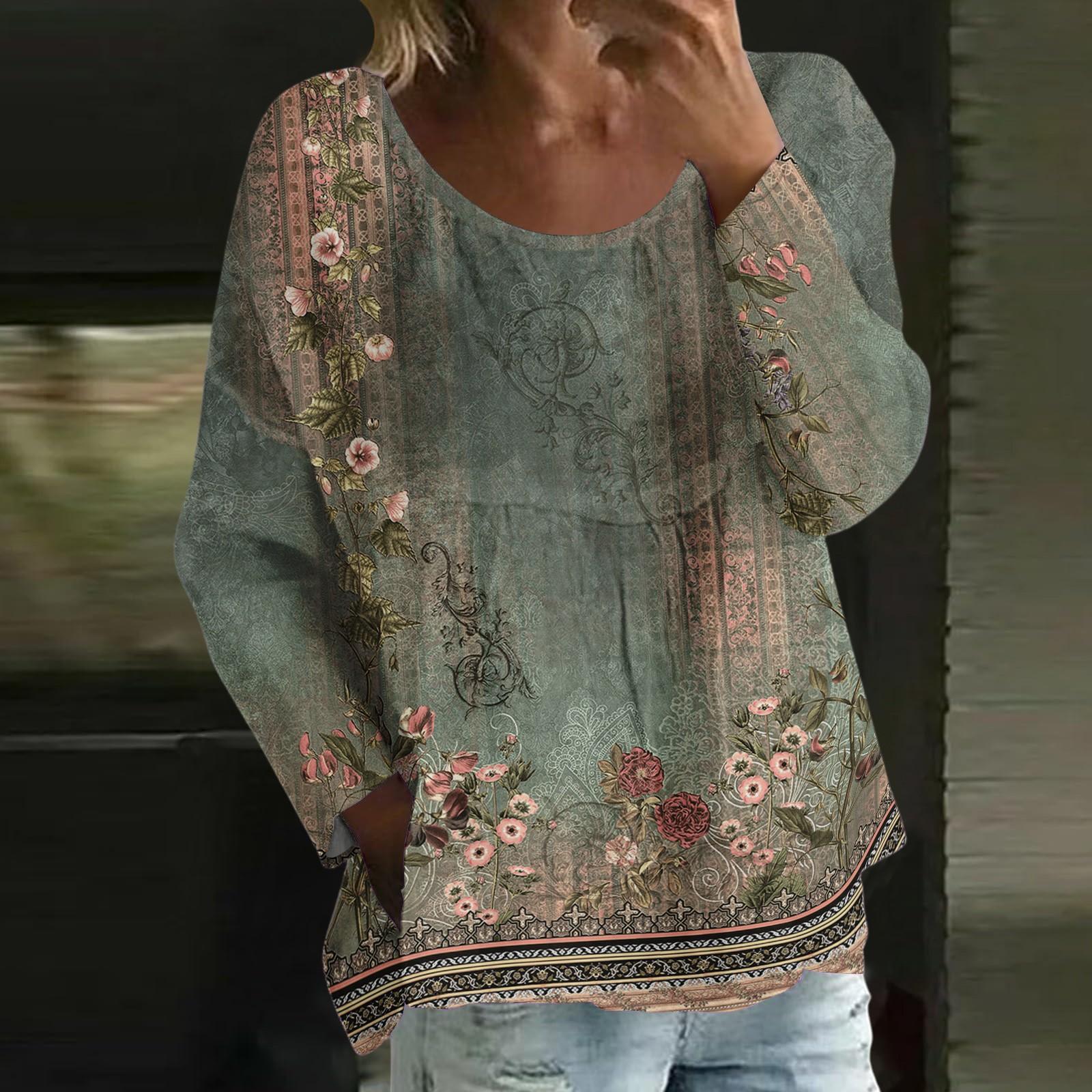 

Женский повседневный модный свободный топ с круглым вырезом и ретро-принтом, с длинным рукавом XL