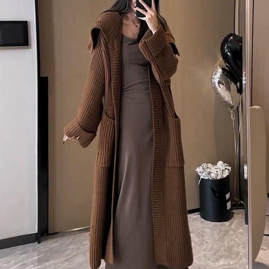 Lazy Wind Soft Waxy High-end Knitted Cardigan Women's Autumn and Winter Outer Wear Medium and Long Knee-loose Sweater Jacket