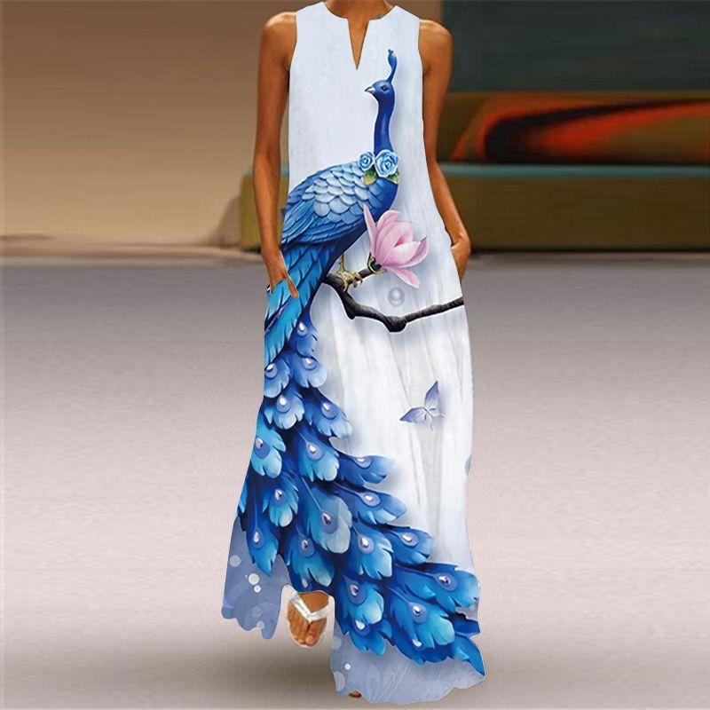 Dress Women 3D Print Peacock Dragon Big Elephant Horse Tiger Lion Animal Pattern Sleeveless Maxi Dress