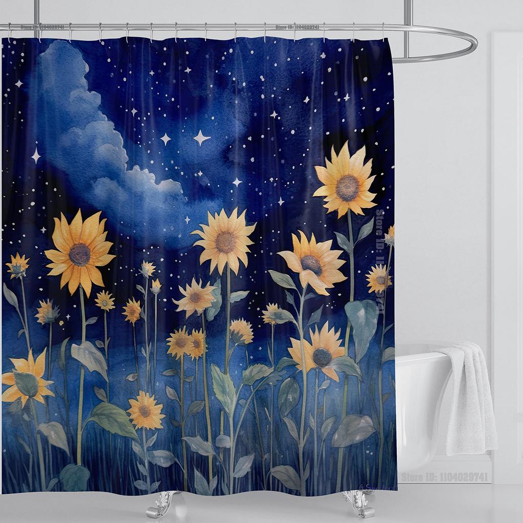Sonnenblumen Landschaft Duschvorhang Wasserdichter Duschvorhang Polyestergewebe 3D-bedruckter Vorhang Badezimmerdekoration mit Haken