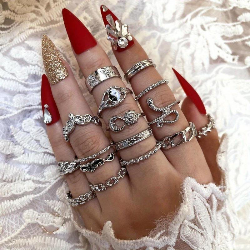 Vintage Gossip Sun Moon Snake Leaf Flower Joint Ring 16-piece Set