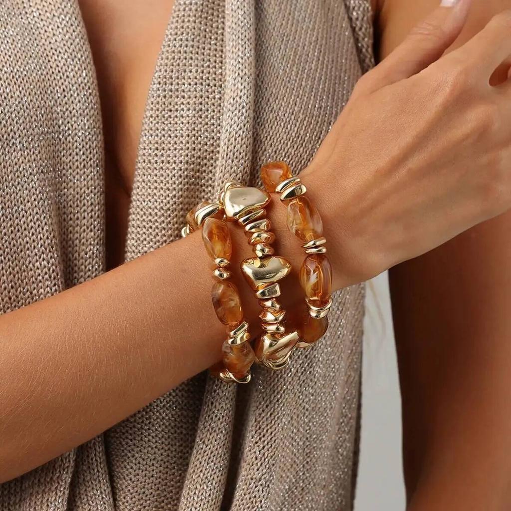 KunJoe 3Pcs/Set Trendy Irregular CCB Beaded Chain Link Resin Bracelets for Women Boho Multilayer Elastic Bangles Jewelry On Hand
