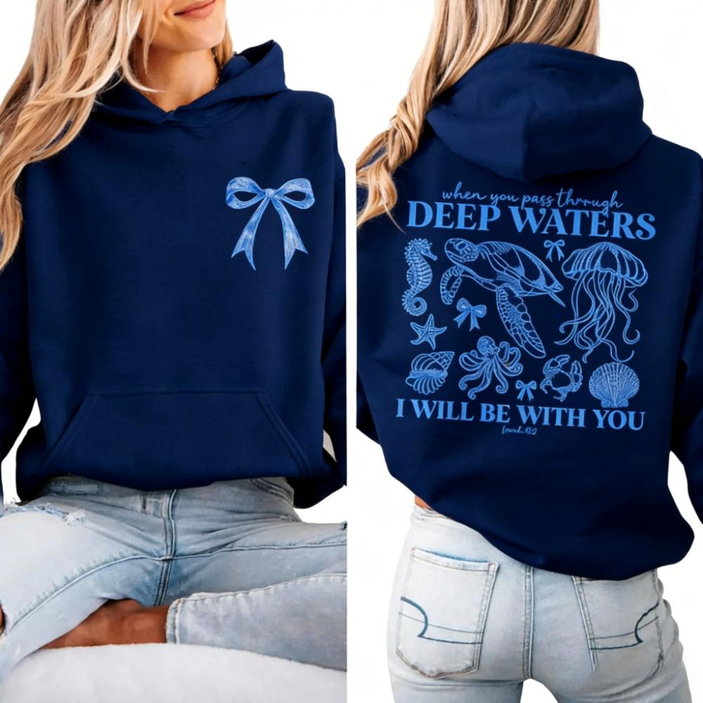 Deep Waters Christian Hoodie Isaiah 43-2 Bible Verse Sweatshirt Faith Ocean Turtle Jellyfish Graphic Hoodies Tops