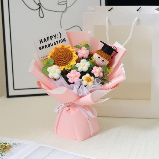 Handmade Crochet Flower Bouquet Completed Knitted Sunflower Puff Flower Doll Graduation Bouquet Teacher Appreciation Gifts for Grad Party Favors