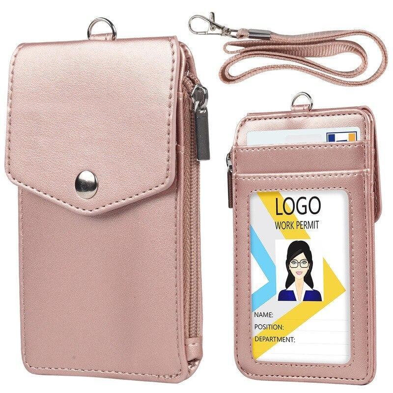 Multi-card Slot Student ID Credit Card Badge Cover PU Leather Work Card Holder Coin Zipper Bag Card Sleeve Wallet with Lanyard