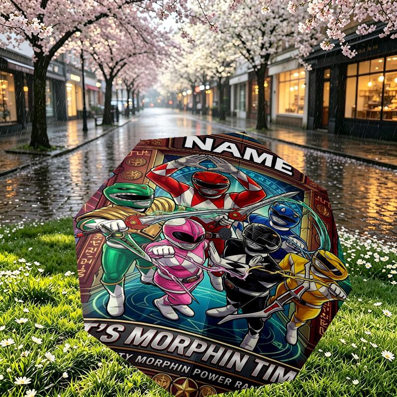 Custom Name Personalized Power Rangers Print Umbrella, Auto Open Close, 8‑Rib Sturdy Frame, Commute Camping Hiking Use, Birthday Gift