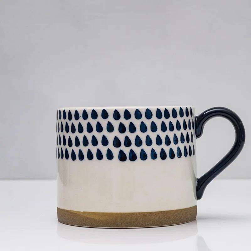 Japanese Ceramic Pattern Coffee Cup with Spoon 450ml Large Capacity Mug Simple Home Office Breakfast Milk Mug Pull Flower Latte