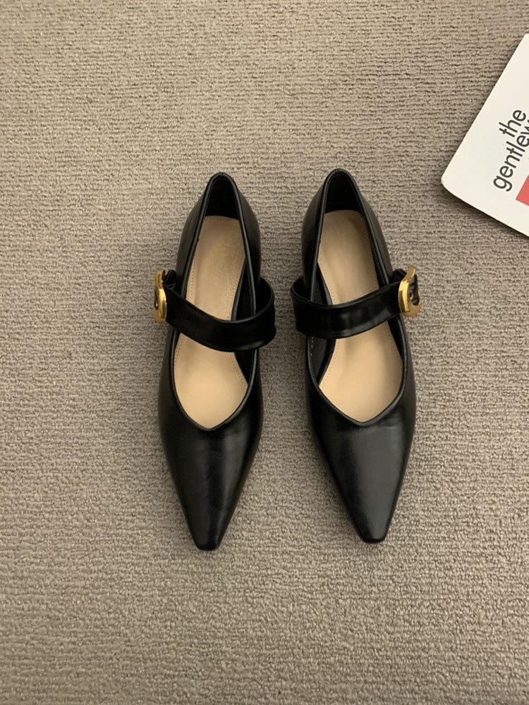 Flat Bottom Pointed Black Single Shoes Women's Shoes Spring and Autumn Low Heel Temperament Mary Jane Small Leather Shoes