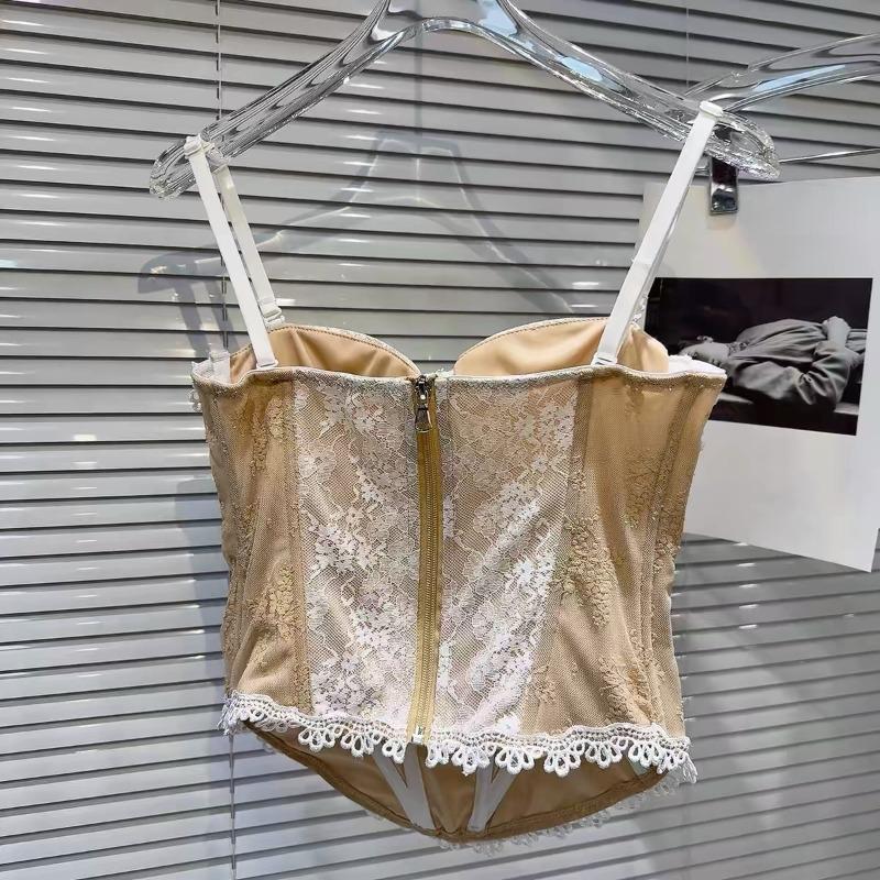 Göğüs Pedli, Arkada Esnek Fermuarlı Kadın Retro Dantel Balık Kılçığı Korse Kamisol