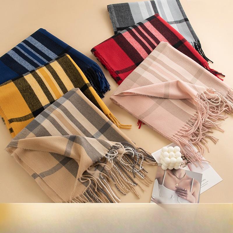 Plaid Imitation Cashmere Scarf for Women Literary Retro Cold Proof and Warm Scarf for Men Versatile Thickened Tassel Shawl