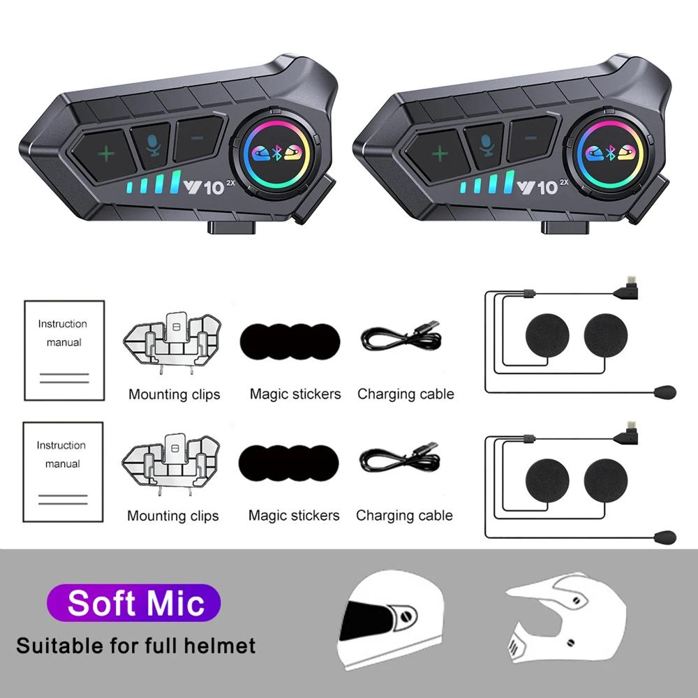 

2 шт. Y10 2x Мотоциклетная гарнитура-интерком Шлем BT 5.3 для 2 райдеров Интеркоммуникатор 300 м Водонепроницаемый Обмен музыкой Интерфон