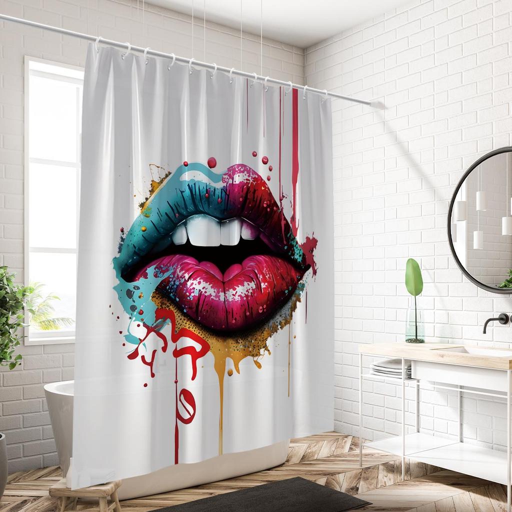 1Pc Quirky Lip Print Waterproof Shower Curtain Shower Partition Bathroom Privacy Protection With 12 Hooks Easy To Install