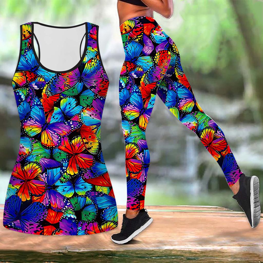 Long Tailed Butterfly Print Yoga Outfit for Women Fashion Workout Leggings Fitness Sports Casual Yoga Set Sports Suit