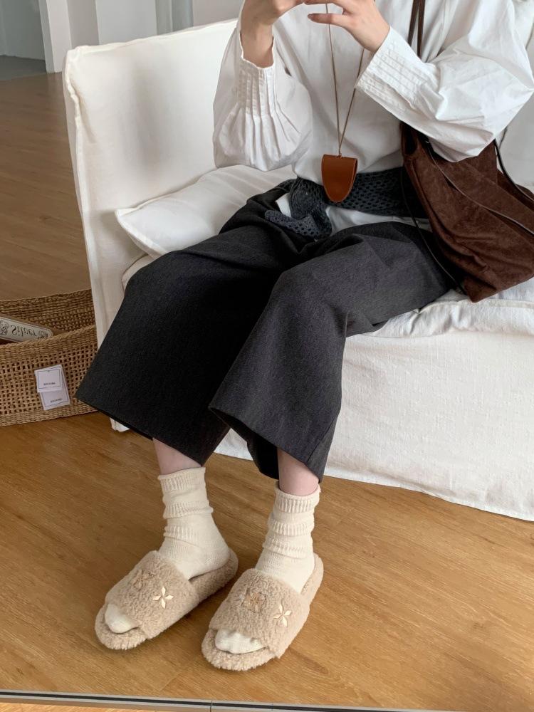 New French Sheep Roll Fashion Wool Shoes Women's New Versatile Casual Outer Wear Thick-soled Wool Drag Women's Shoes