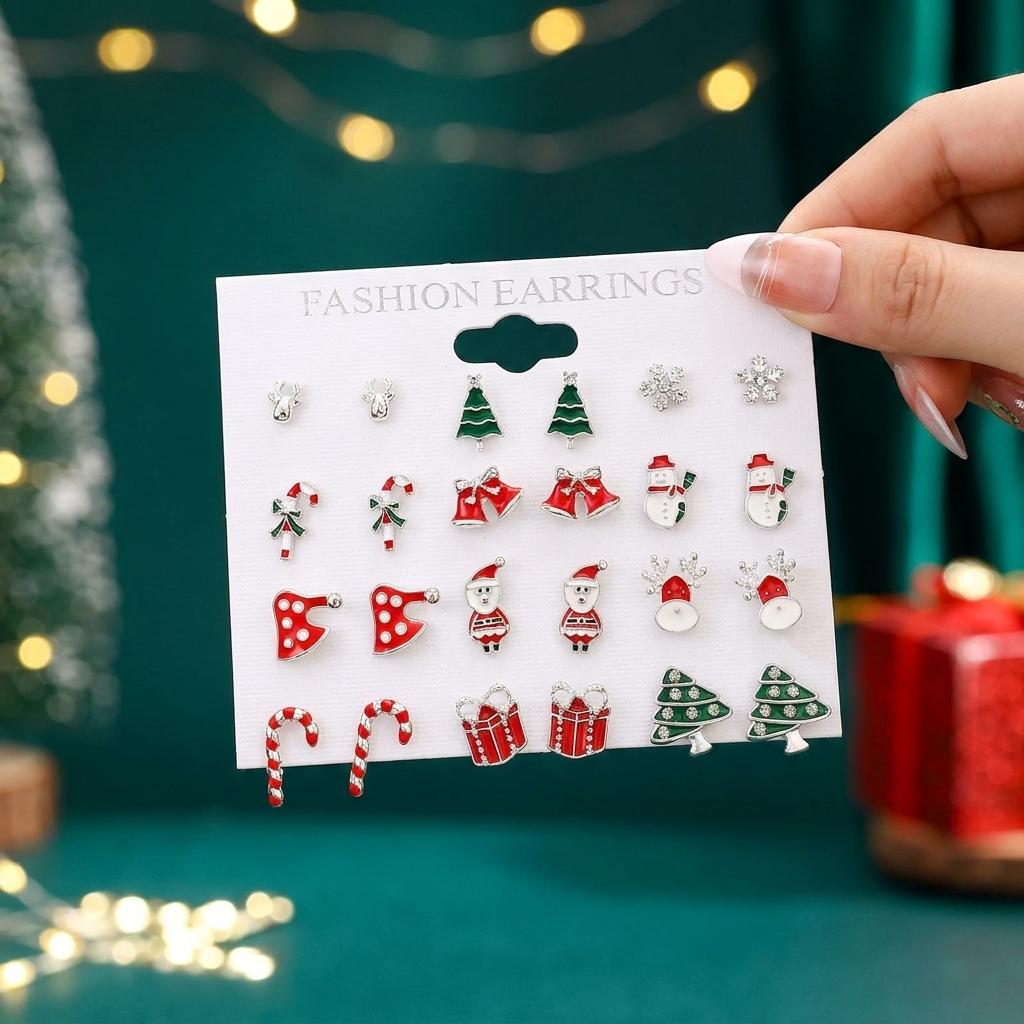 12/20 Pair Christmas Earring Set For Women Shiny Crystal Zircon Snowflake Elk Bowknot Elk Xmas Tree Earring New Year Gifts