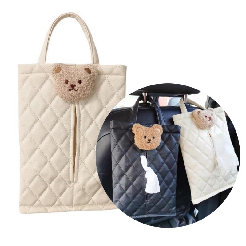 Hanging Pouch with Bear Pattern Design Practical Durable Tissue Box Holder Pouch Keep Your Auto Organized for Back Seat