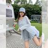 Unique blue and white striped contrasting color round neck long-sleeved sunscreen blouse women's summer open-ended backless pure desire T-shirt small 