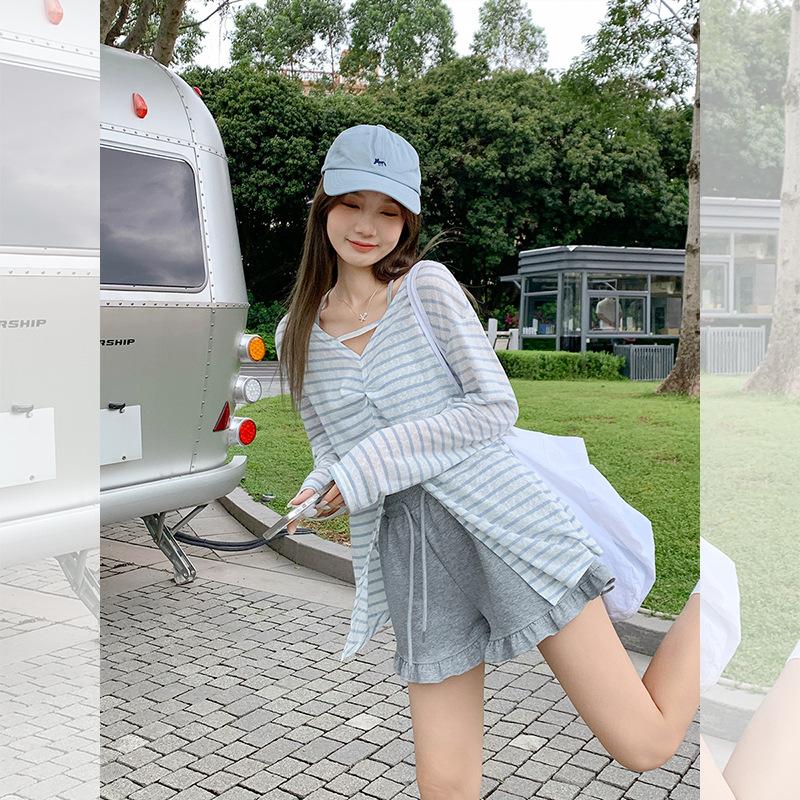 Unique blue and white striped contrasting color round neck long-sleeved sunscreen blouse women's summer open-ended backless pure desire T-shirt small 