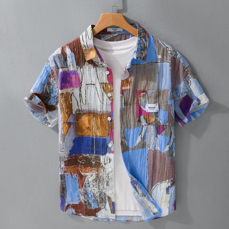 Moda Estiva Camicia Hawaiana Uomo Top Morbidi e Comodi Manica Corta Camicie Stampate Streetwear Giovanile Camicia Casual Pieghettata Maschile