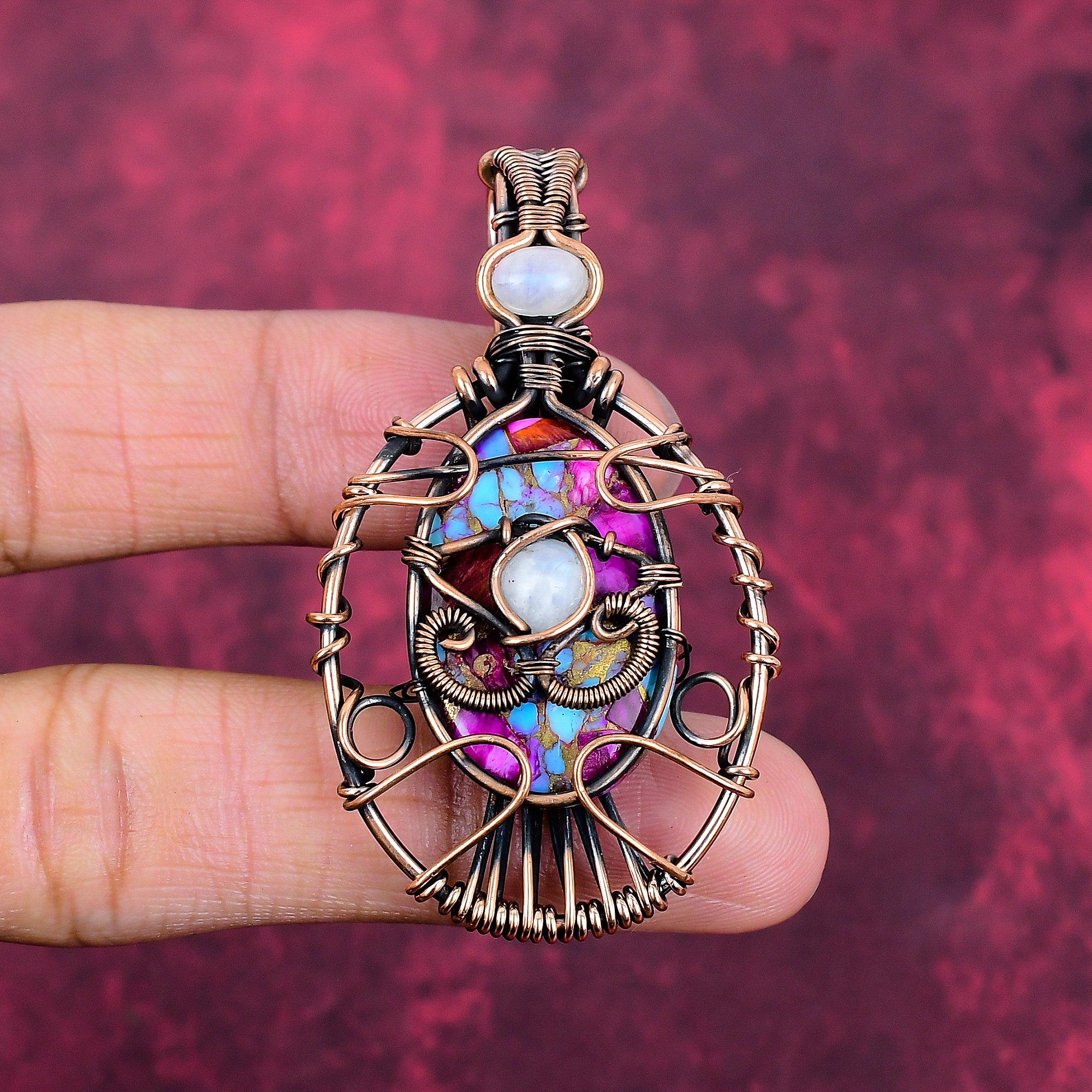 Evil Eye Natural Kingman Pink Dahlia Turquoise Pendant Copper Wire Wrap Jewelry