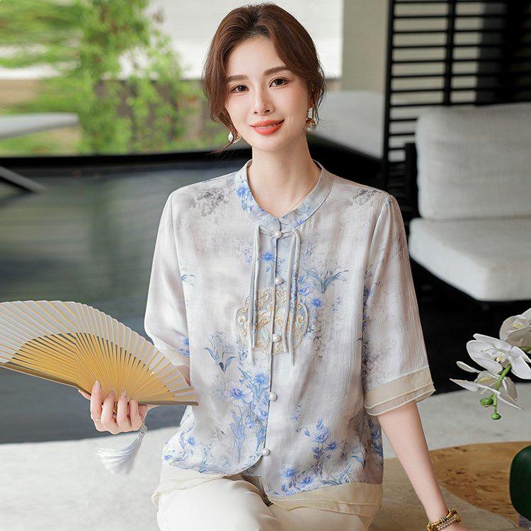 2026 Summer Chinese Style Mid-Sleeve Plus Size Blouse for Middle-Aged & Elderly Women