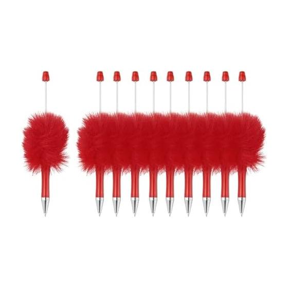 PATIKIL Fluffy Beads Pen, Plush Faux Fur Plastic Bead Ballpoint Pen for DIY Gifts, Writing, Office Supplies - 10 Pcs (Red)