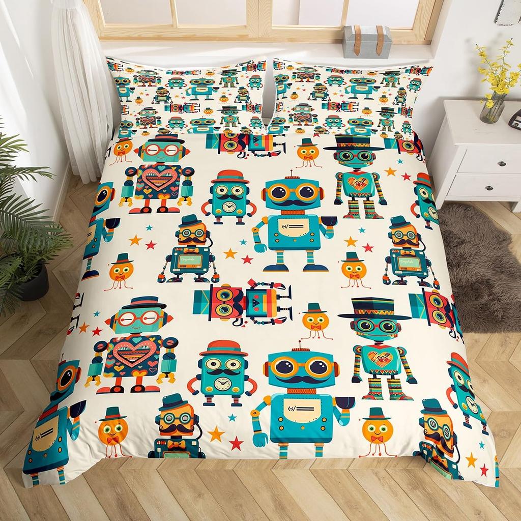 Cartoon Robot Duvet Cover Watercolor Screw Tools Bedding Set Modern Sci-Fi Robot Comforter Cover For Kids Polyester Quilt Cover