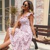 Women Sweet Floral Print Square Neck High Waist Flutter Sleeve Midi A Line Dress