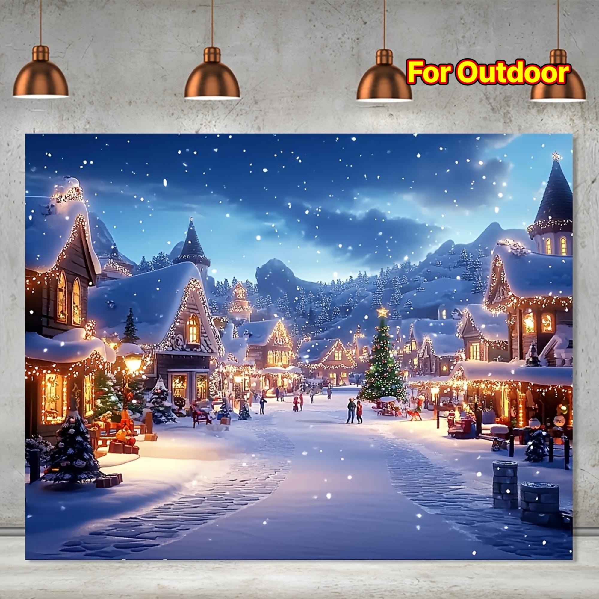 1pc Holiday Snow Christmas Village Background Cloth featuring a cozy cottage and a snow-covered pine tree pattern design is pe 100x150cm