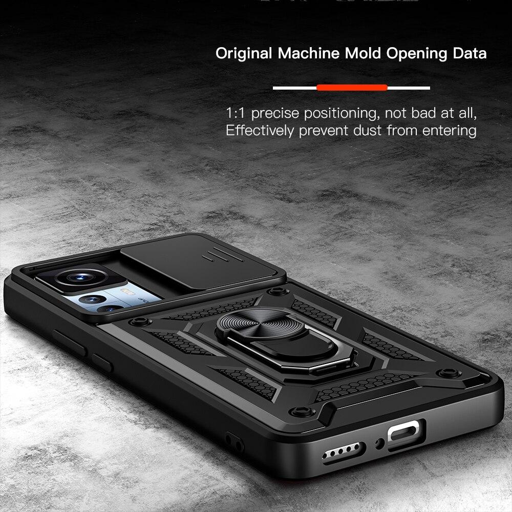 KEYSION Shockproof Case for Xiaomi 12T Pro 5G Push Pull Camera Protection Ring Stand Phone Cover for Redmi K50 Ultra